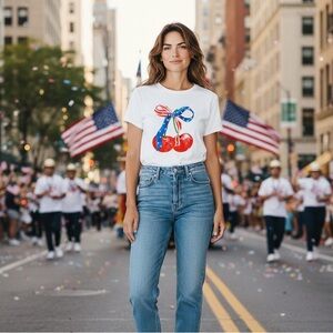 NEW Red Cherry Cherries Blue Stars Stripe Bow Coquette Girl Retro White T-Shirt
